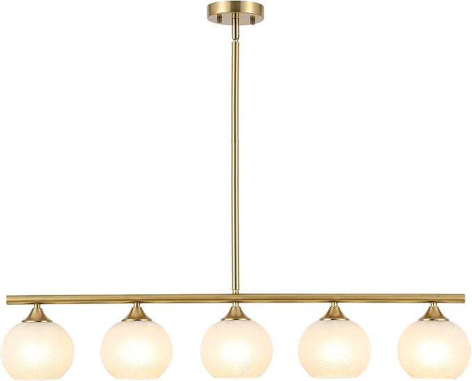 BYOLIIMA Modern Brushed Brass Linear Chandelier Over Table Frosted Striped Glass Shade Gold Mid Century Sputnik Globe Pendant Light Farmhouse Ceiling Hanging Light Fixture Dining Room Kitchen Island