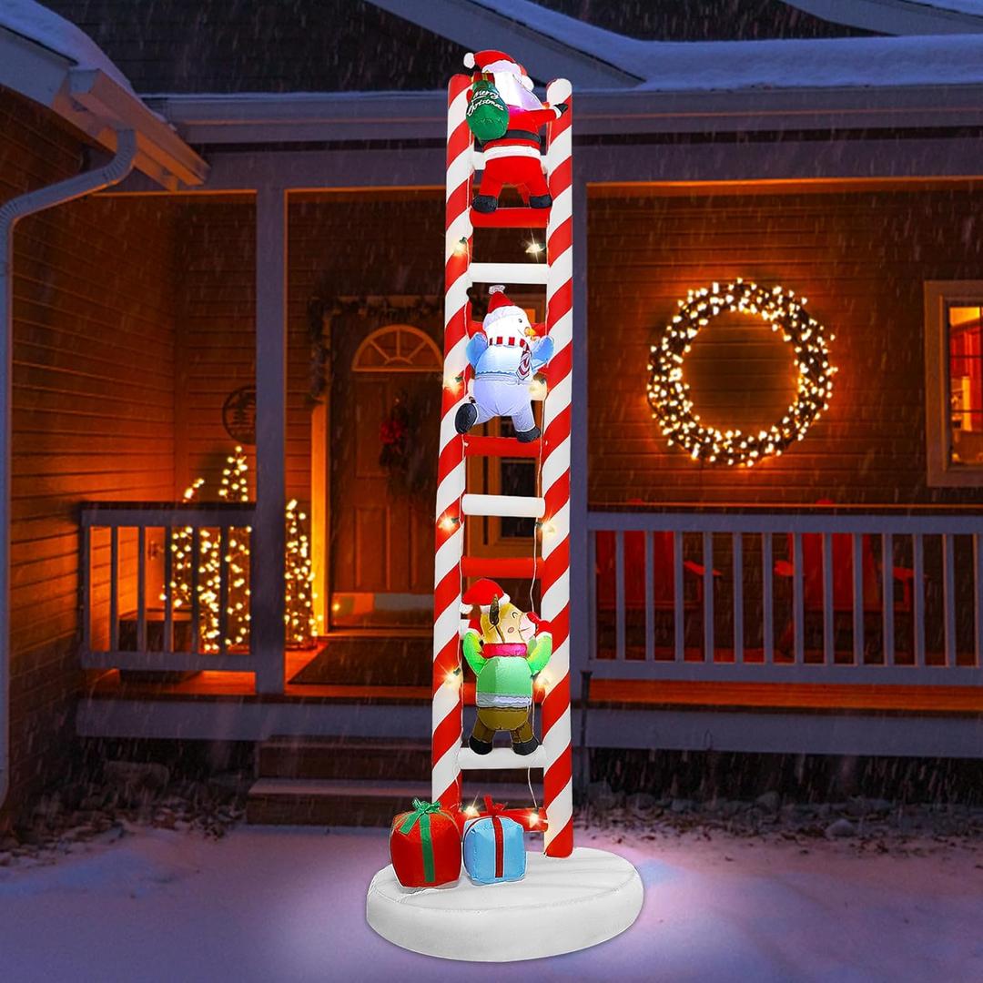 Joliyoou 10FT Christmas Inflatable Decorations, Giant Lighted Ladder Blowups Climbed with Reindeer, Santa, Snowman, C7 String Lights for Xmas Winter Holiday Roofs Trees Balconies Decor