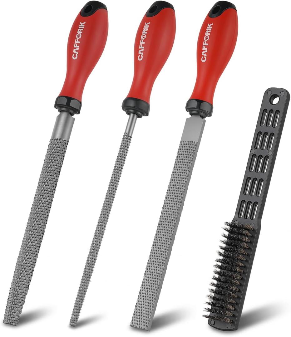4PCS Wood Rasp File Set, 8-Inch, High-Strength Carbon steel, Flat/Half-Round/Round Wood file with Handle, Wire Brush, For Woodworking