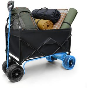 Electric Camping Wagon 350LBS Capacity, 300L Large Foldable Utility Cart with Dual Batteries, All Terrain Off-Road Motorized Hauler for Beach Camping Outdoor Travel Black