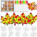 Qyeahkj 30pcs Fall Thanksgiving Maple Leaves Suncatchers Crafts Kit for Kids, DIY Fall Arts Crafts Coloring Autumn Window Clings Stickers with 8 Painting Markers for Home Classroom Party Decorations