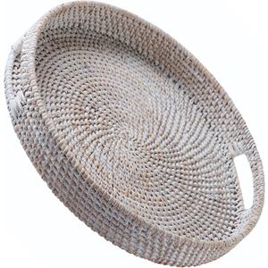 JUNGLE CULTURE Large Rattan Serving Tray 14" in Whitewash  Round Table Basket  Wicker Ottoman Trays with Handles for Coffee Table, Bed Side or Couch  Flat Circle Woven Tray  Boho Farmhouse Decor (13.9")