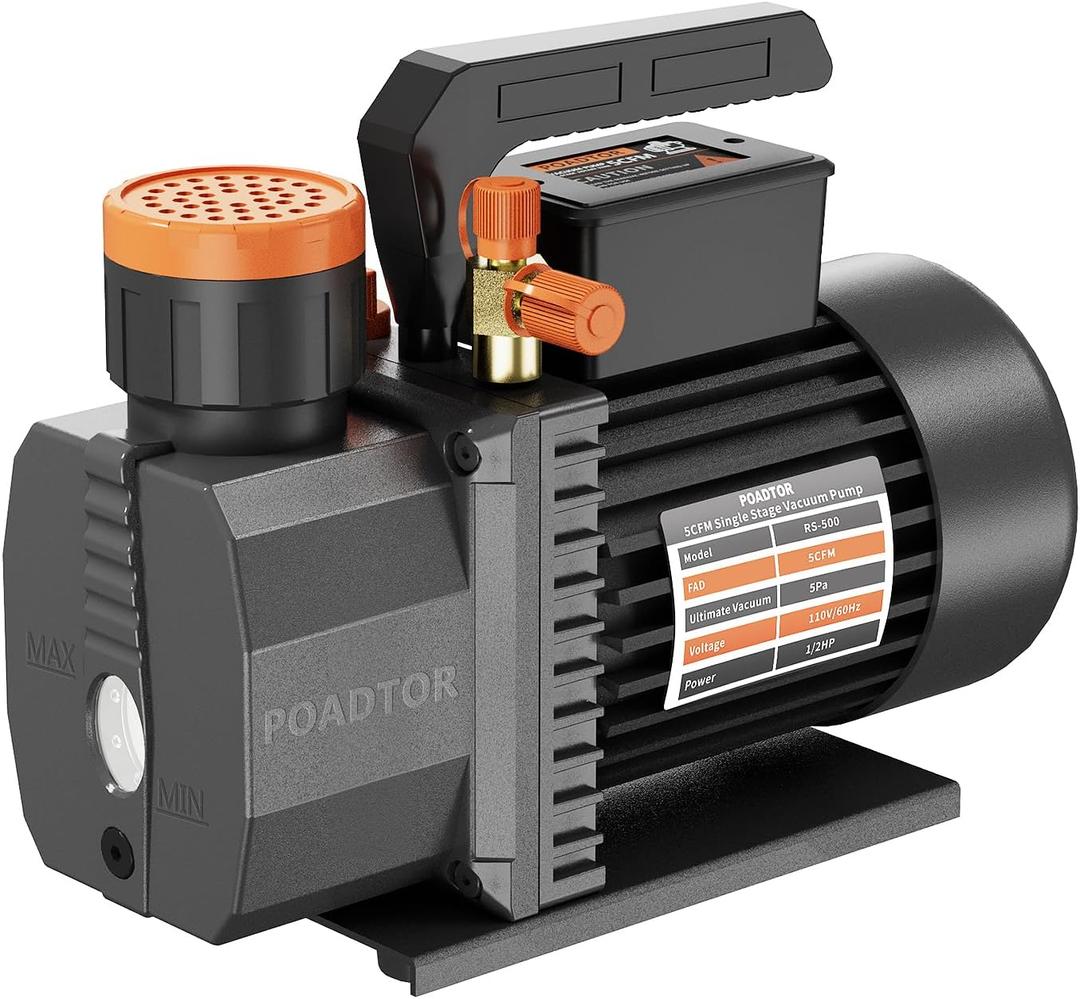 5CFM Vacuum Pump, 1-Stage HVAC Vacuum Pump, 1/2HP 38 Micron 110V Air Conditioning Vacuum Pump Kit for R12 R22 R134a R410a, HVAC/AUTO AC Refrigerant Recharging, Milking Cow, Oil Included