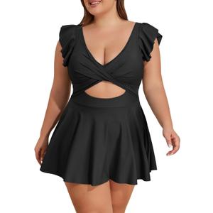 B2prity Women's Plus Size Swimsuit Tummy Control One Piece Swimdress Ruffle V Neck Cutout Wrap Bathing Suit with Skirt (X-Large, Black)