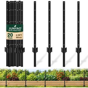 Fence Posts 3FT, Metal U Posts for Wire Fence, 20 Pack，Black