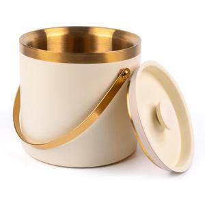 3L Beige White Double Wall Insulated Stainless Steel Ice Bucket with Scoop for Cocktail Bar, Metal Ice Bucket for Freezer with Lid for Parties, Ice Container to Keep Ice Colder, Bar Cart Accessories