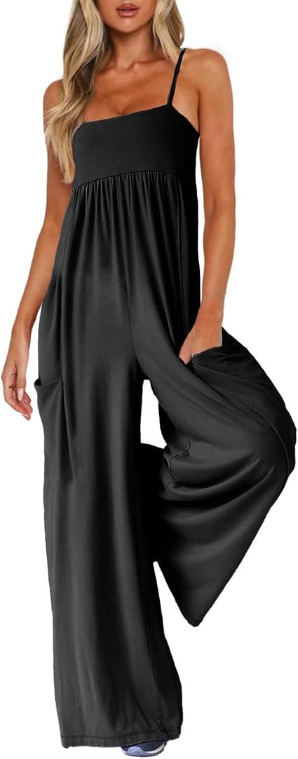 UNIANKIYA One Piece Jumpsuits for Women Spaghetti Strap Overalls Wide Leg Rompers with Pockets Summer Beach Vacation Casual Black Medium