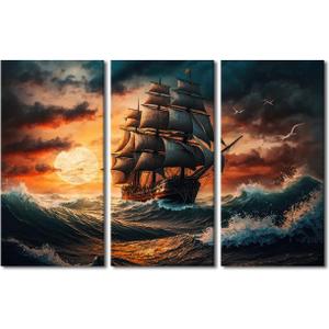 Sailboat Wall Art for Bedroom Pirate Ship Canvas Art Wall Decor Ghost Ship Sunset Sailing in a Storm Modern Wall Art Pictures for Living Room Artwork Paintings Giclee Framed Ready to Hang 60x40 in