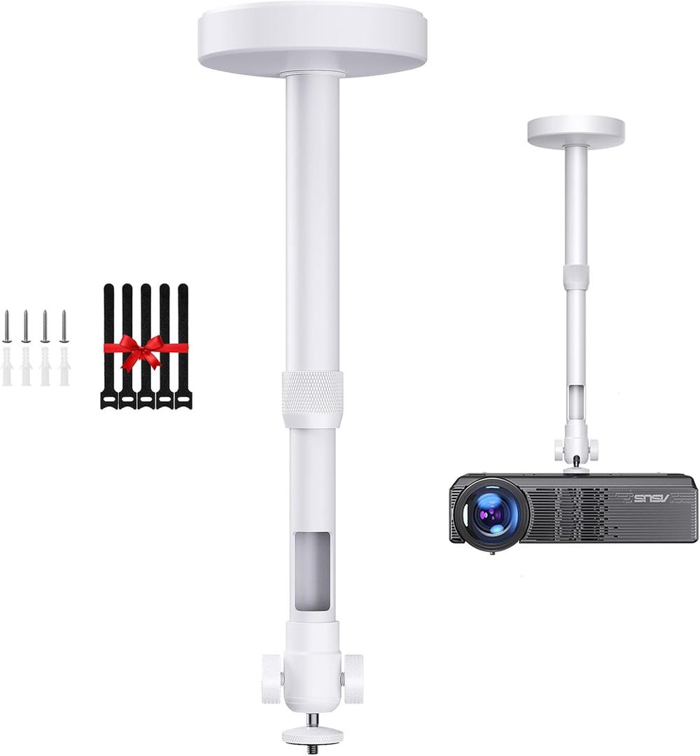 Projector Mount for Ceiling/Wall - -Inch Screw Adjustable Tilt&Swivel Hanging Wall Mount Hanger Rack with Extension Pole for Mini Projector with Cable Ties (White)