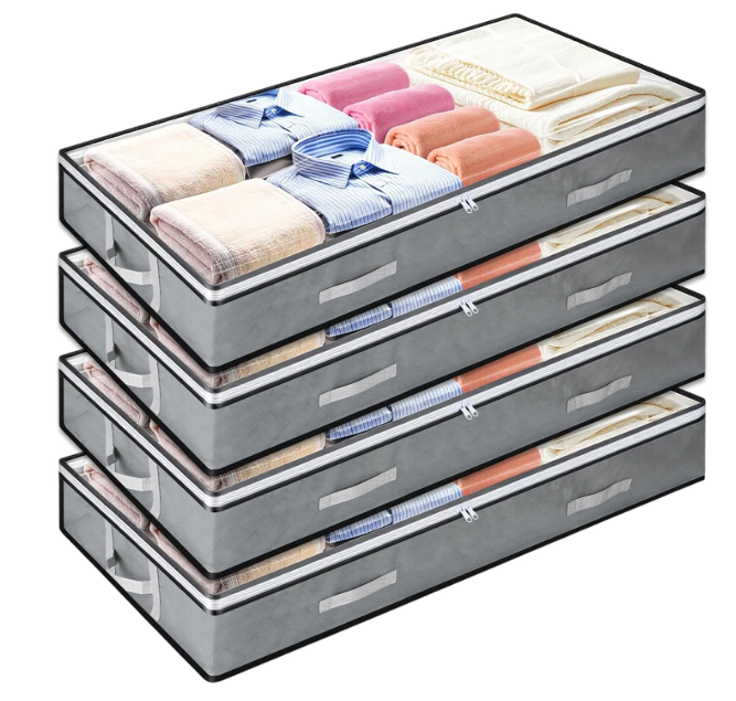LIQWEI 3 Pack 5.5 Inches High Under Bed Storage Containers, Low Profile Under Bed Storage Containers, Foldable Underbed Bag Stackable Closet Organizers for Blankets Clothing Comforter Wrapping Paper