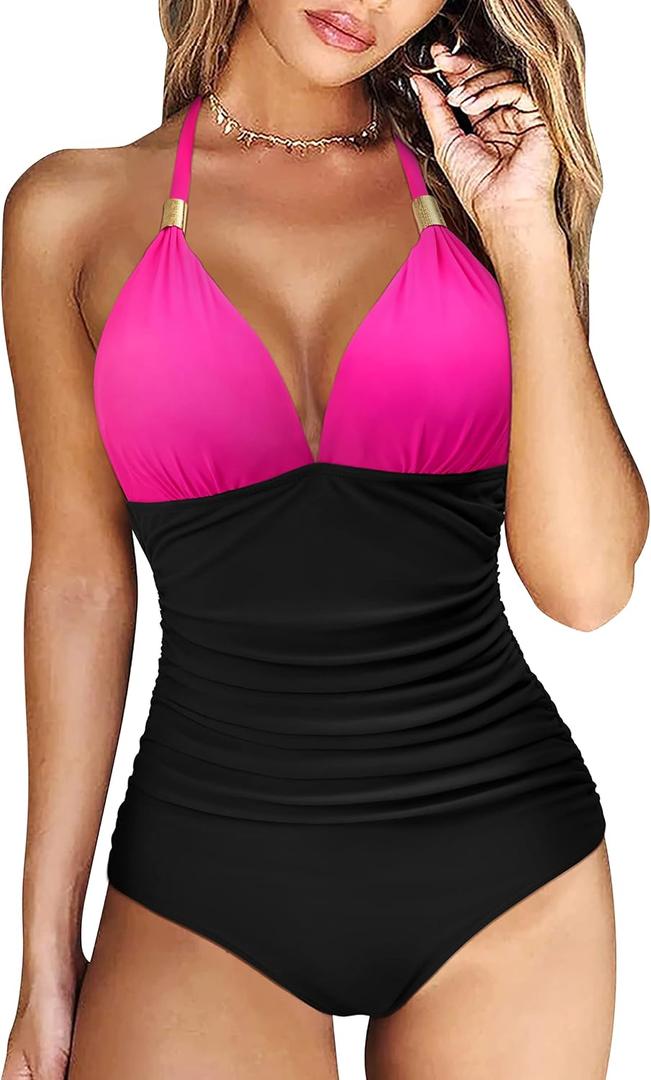 RXRXCOCO Women V Neck One Piece Swimsuits Tummy Control Ruched Swimwear Halter Bathing Suit (Black), 2XL