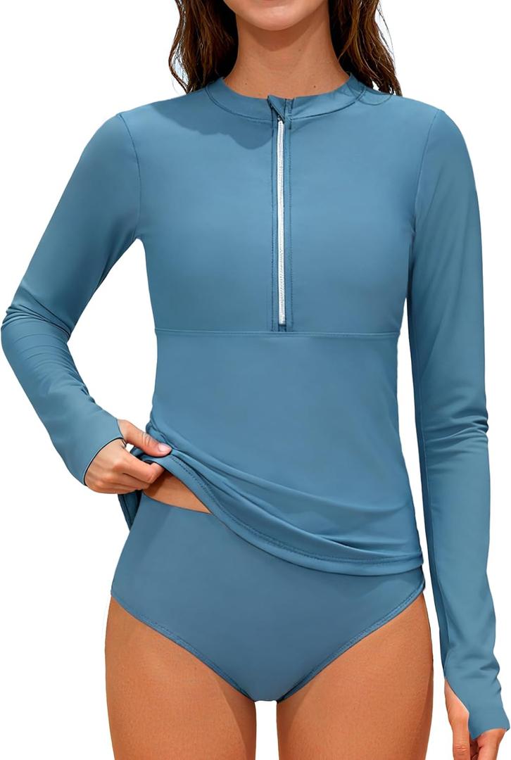 Girls Rash Guard Swimsuit Half-Zip Long Sleeve Modest Bathing Suit with Chest Padding 2Pcs Teen Girl Swimwear UPF 50+ (9-10 Years, Gray Blue)