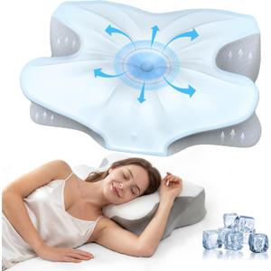 Cervical Memory Foam Pillow for Neck Pain Relief, Ergonomic Contour Pillow for Side, Back and Stomach Sleepers, Cooling Removable Breathable Pillowcase, Dual-Height Design (Queen Size, Light Gray)