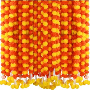 6 Pcs 5 Feet Long Strands Marigold Flowers Garland with Pendant Indian Wedding Decoration Artificial Decorations for Altar Faux Flower for Diwali, Pooja, Bush Floral Party (Dark Orange, Yellow)