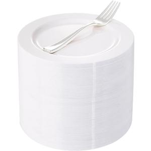 WELLIFE 100 Pieces White Plastic Dessert Plates with 100pcs Silver Disposable Forks, Premium Hard Salad Plate 7.5, Appetizer Plastic Plates for Wedding, Party