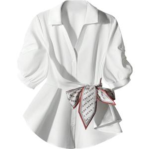 SOLY HUX Women's Button Down Shirts Collared Short Sleeve Bow Tie Front Casual Work Blouse Tops (White, S)