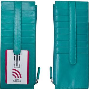 ili New York Long Double Sided Slim Wallet, RFID Blocking Card Holder with ID Window and Side Zip Pocket for Men and Women, Aqua