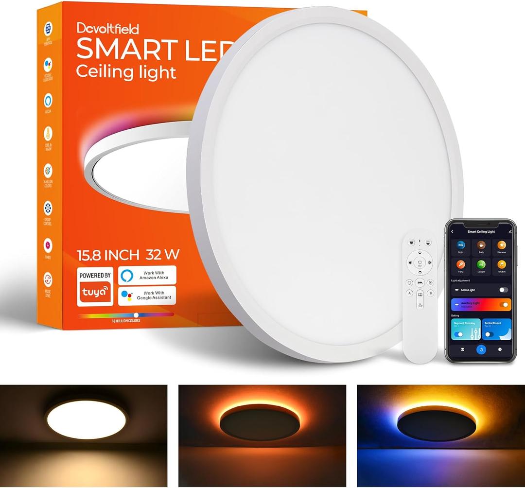 Smart LED Ceiling Light Flush Mount,16 Inch RGB, Dimmable 2700K-6500K, Night Light 2000K, Memory Function, Compatible with Alexa, Google, Tuya (15.8Inch-1Pack)