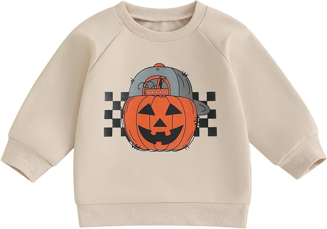 Toddler Baby Boy Halloween Outfit Pumpkin Ghost Print Crew Neck Sweatshirt Long Sleeve Fall Winter Pullover Tops (Beige)