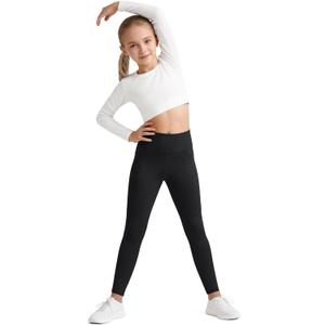 G4Free BareFeel Girls Leggings High Waist Athletic Yoga Pants with Pockets Dance Running Tights 6-12 Years (Black, M)