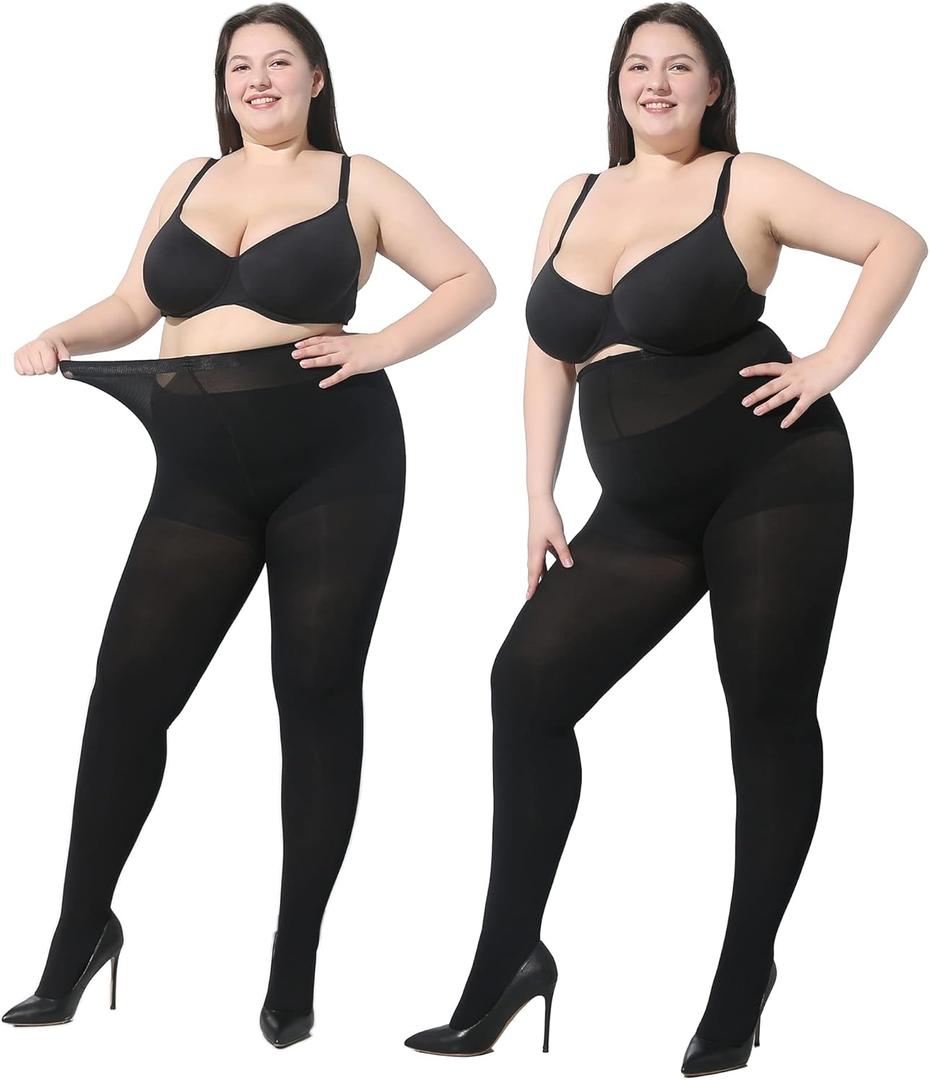 MOOCHI 2 Pairs Women's Plus Size Opaque Tights Control Top High Waist Ultra Soft Elastic (3X-4X, Black)