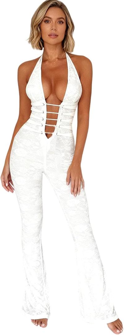 MXVPY Women Sheer Mesh Lace Jumpsuit Sexy Sleeveless See Through Hollow Out Bodycon Jumpsuits One Piece Club Party Romper (White, L)