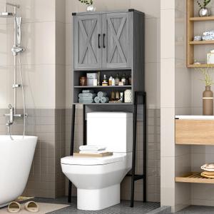 Vabches Over The Toilet Storage Cabinet, Farmhouse Over Toilet Storage Cabinet, Metal Frame with 2 Barn Doors, Home Space-Saving Toilet Rack for Bathroom, Toilet, Laundry Room.