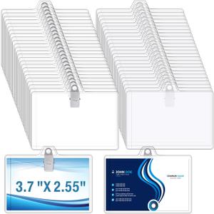 Zonon 150 Sets Name Badge Holders with Clip Clear on Name Tag Waterproof PVC ID Transparent Badge Holder with Resealable Zipper Seal Metal for Teacher Student Worker (Fixed Clips)