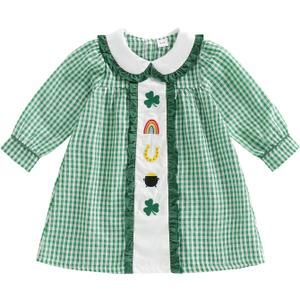 Little Kids Toddler Girl St Patricks Day Dress Clover Embroidery Smocked Plaid Ruffle Dress Irish Spring Dresses (5-6 Years, Green 5)