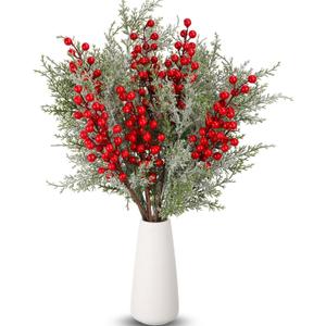 16 Pcs Christmas Tree Branches Filler Artificial Pine Branches with Berry Stems Christmas Tree Picks Greenery Sprays Berry and Cedar Picks for Vase Fillers Table Decor(Snow Cover,Red)
