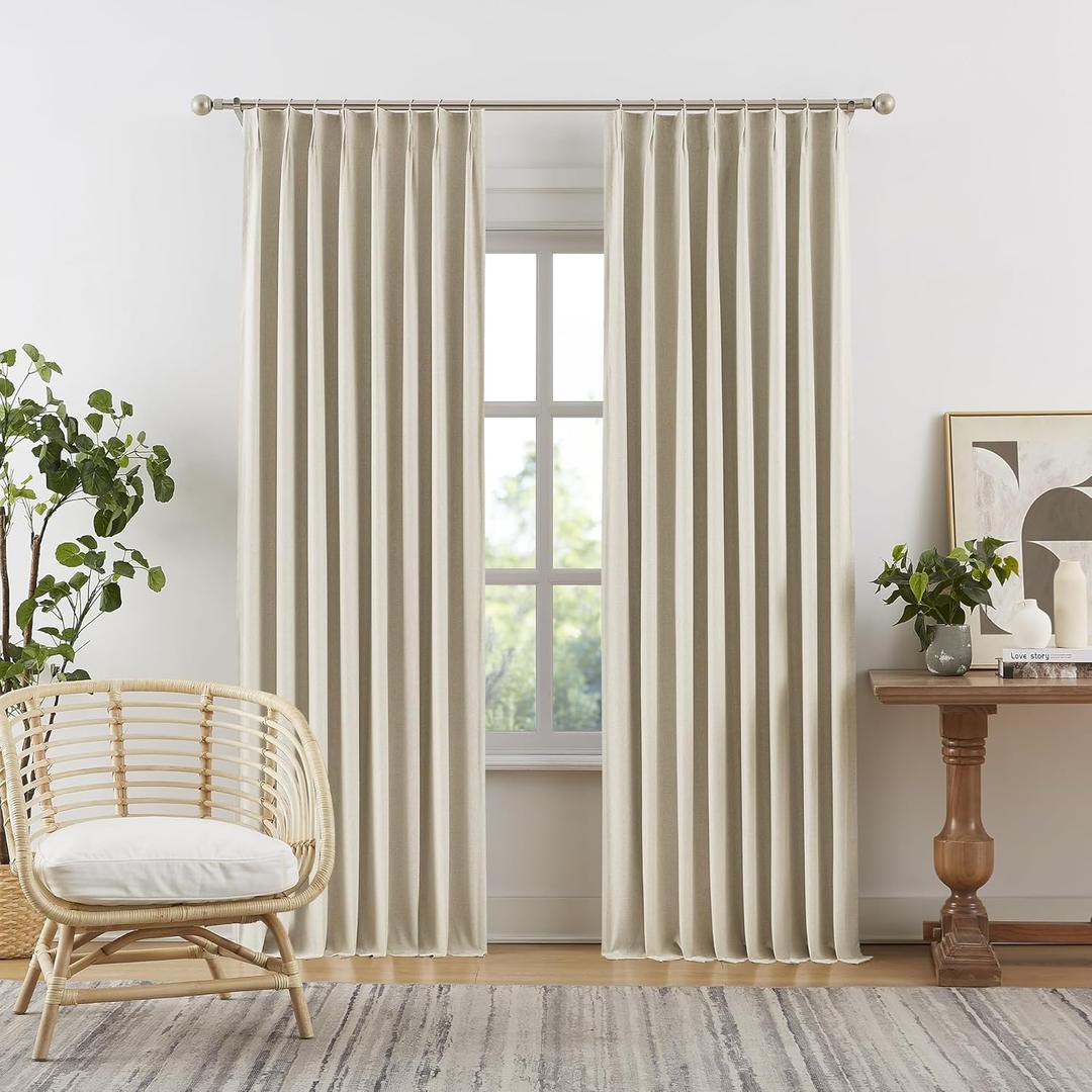 DUALIFE Natural Blackout Pinch Pleated Curtains for Bedroom 95 Inch Length, Linen Blended Farmhouse 100% Blackout Thermal Insulated Back Tab Drapes with Hooks for Track System 2 Panels-W50xL95