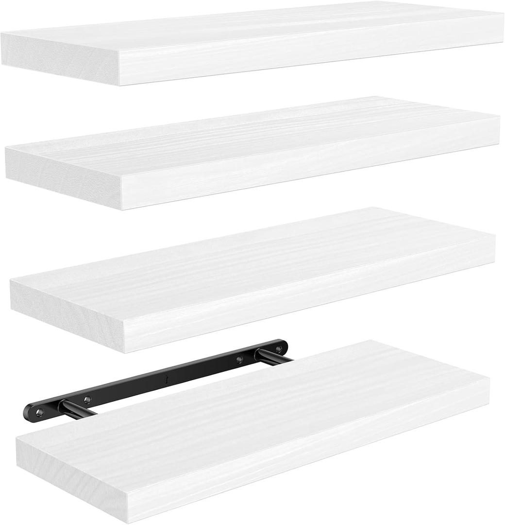 AMADA HOMEFURNISHING Floating Shelves, Paulownia Wood Wall Shelves for Bathroom/Living Room/Bedroom/Kitchen/Home Office, Natural Wood Floating Shelf for Home Storage & Organization, Set of 4, AMFS40W (White)