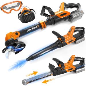 3-IN-1 Kids Garden Tools with Lights and Sounds, Weed Wacker Toy, Leaf Blower Toy, and Hedge Trimmer, Yard Tools Outdoor toys for Boys Pretend Role Play, Christmas Birthday Gifts for Kids 3,4,5,6,7,8+