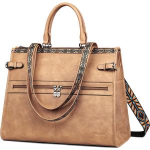 FADEON Laptop Bag for Women Designer PU Leather Large Tote Bags Backpack Purses with 15.6 Laptop Compartment Shoulder Handbag (Camel Brown Retro Style)