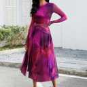 ECOWISH Long Sleeve Midi Formal Dress Women Fall Ruched Bodycon Party Cocktail Club Mesh Dresses Crewneck Floral Tie Dye Slit (Purple, S)