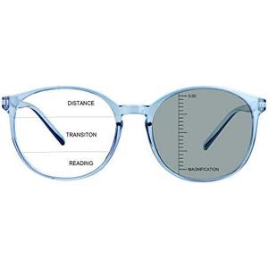 LAMBBAA Vintage Round Progressive Multifocal Presbyopic Glasses, Photochromic Gray Sunglasses for Men Women Readers (+2.50 Magnification), Clear Blue