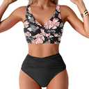 Fanuerg Women High Waisted Bikini Sets V Neck Cross Twist Front Two Piece Swimsuit Tummy Control Bathing Suit (Large, Black Floral)