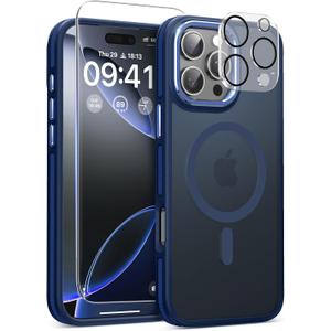 Magnetic 3 in 1 for iPhone 16 Pro Case, [Omni-Directional Protection] with 1x Screen Protector + 1x Camera Cover, [Seamless Work with Magsafe] Shockproof Slim Thin Matte Case for iPhone 16 Pro Blue
