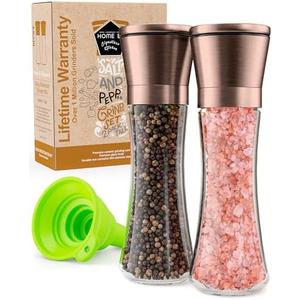 Home EC Original Copper Salt and Pepper Grinder Set of 2 - Adjustable Ceramic Grinder - Tall Glass Salt and Pepper Shakers With Funnel and Ebook - Kitchen Spice Mill - Copper Kitchen Accessories