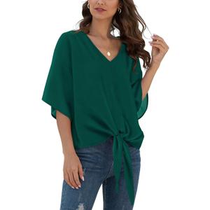 VIISHOW Womens Tie Front Chiffon Blouses V Neck Batwing Short Sleeve Summer Tops Shirts L