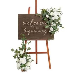 Ling's moment Wedding Floral Swag Welcome Sign Artificial Flowers Backdrop Garland Lily White Olive for Ceremony Reception Wall Easel Entryway Arch Outdoor Board Table Decorations(NOT Include Sign)