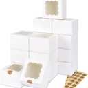 Moretoes 50pcs White Cookie Boxes with Window, 4x4x2.5 Inches Bakery Boxes with 5pcs Stickers for Small Cookies, Treats, Desserts, Chocolate Covered Strawberries, Mini Cake