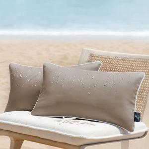 Phantoscope Pack of 2 Outdoor Waterproof Solid Throw Decorative Pillow Cover Decorative Square Outdoor Pillows Cushion Case Patio Pillows for Couch Tent Sunbrella, Light Coffee 12x20 inches 30x50 cm