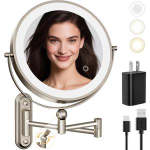 9" Wall Mounted LED Lighted Makeup Vanity Mirror - 4000mAh Rechargeable Double Sided 1X/30X Magnifying Mirror, 3 Color Lights Touch Dimmable, Height Adjustable Extended Arm 360 Swivel Bathroom Mirror