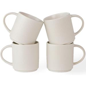 Famiware Coffee Mug Set for 4, Star 12 oz Catering Mugs Cup Set with Handle for Coffee, Tea, Cocoa, Milk - Ceramic Stoneware Drinkware Set, Matte White