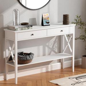 ChooChoo 47" Console Table with Drawers, Narrow Wood Accent Sofa Table Entryway Table with Storage Shelf for Entryway, Front Hall, Hallway, Living Room, White, 11.81"D x 47.24"W x 31.5"H