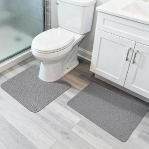 Bathroom Rugs Set 2 Pieces,Thin Bathroom Mats,Toilet Rugs,Quick Dry,Non-Slip,Machine Washable,Low Pile,Absorbent Bath Mats,Shower,Sink,Home Decor Accessories.Grey,1'5"x2'3"+1'8"x2" U Shape