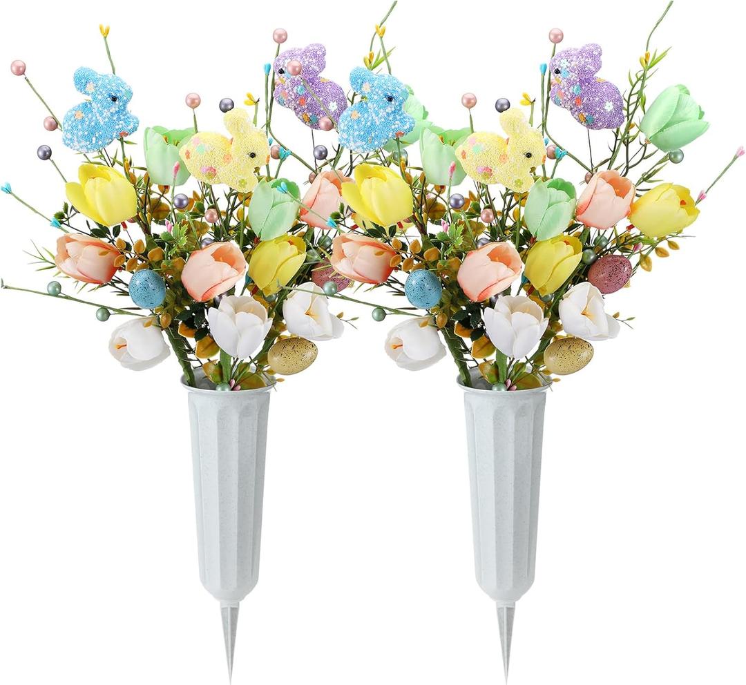 Thiccywoov 2 Set Easter Cemetery Flowers for Grave with Vase Artificial Bunnies Eggs Berries Tulips Bouquet Graveyard Memorial Flowers for Easter Cemetery Headstones Decoration (Multi Color)
