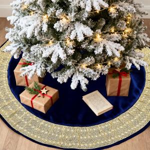 Blue Christmas Tree Skirt 60 inches, Large Velvet Tree Skirt for 7.5 ft & 9 ft Tree, Vintage Luxury Xmas Tree Skirts with Gold Glitter Trim Rustic Christmas Tree Holiday Party Decorations
