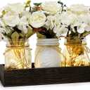 Mason Jar Centerpiece Table Decor for Dining Room Farmhouse Coffee Table Decor with Wood Tray Fairy Lights Fake Flowers for Valentine's Day Kitchen Living Dining Room - Ivory White, 11 inches